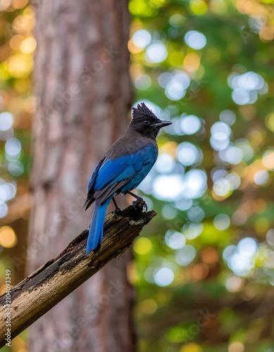 Vibrant blue bird perched on wooden fence in sunlight.