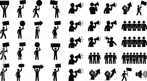 Set of protest and social activism icons featuring people with signs, megaphones, and gathered crowds