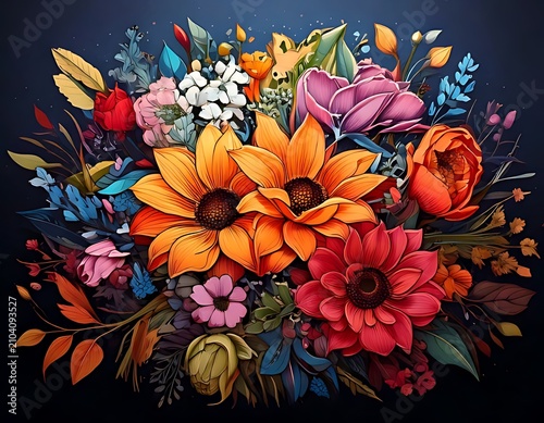 Vibrant Bouquet of Colorful Flowers on Dark Background.