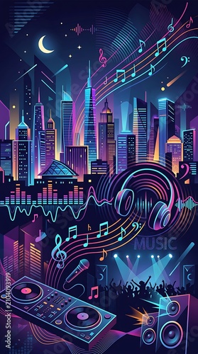 Vibrant cityscape with music and nightlife elements.