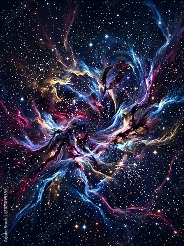 Vibrant Colorful Nebula Cloud in Deep Space with Glowing Stars.