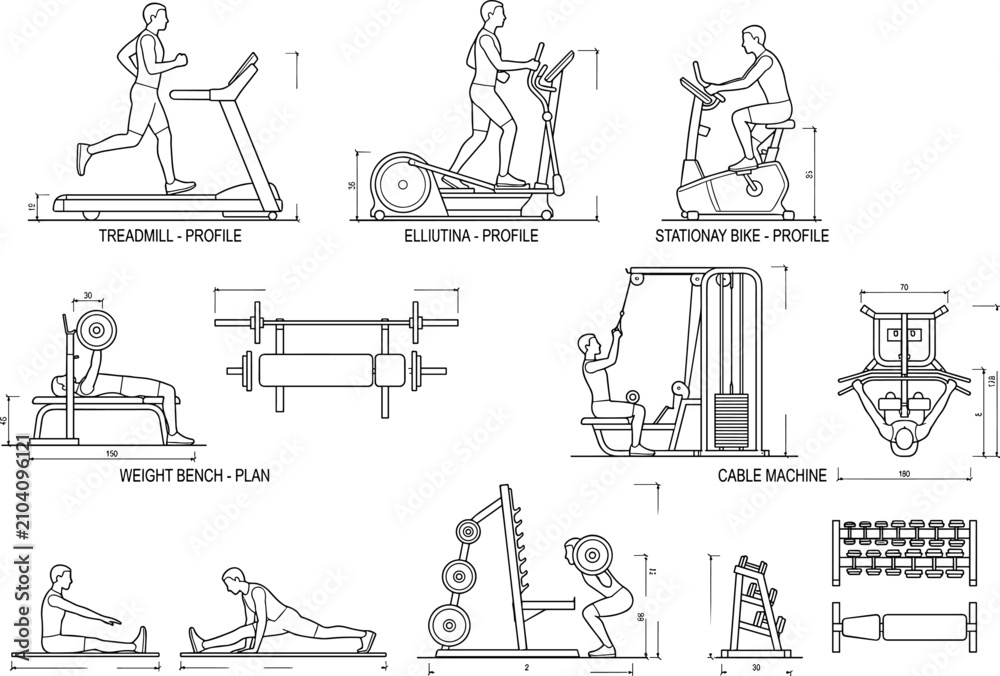 Obraz premium Technical CAD drawing set of gym equipment and people exercising for architectural gym design plans