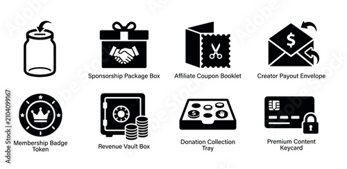 Set of black glyph icons representing creator monetization concepts like sponsorship, affiliate marketing, donations, and premium content access for business and finance applications