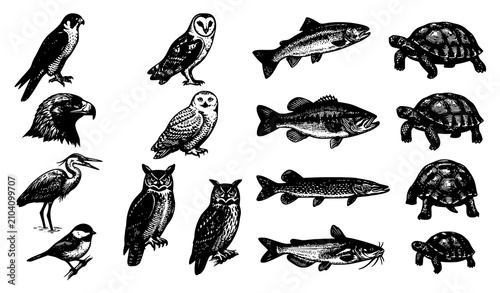Canvastavla Vintage Engraved Animal Illustration Vector Set with Birds Fish Owls and Desert