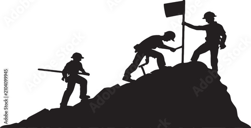 Foto Silhouette of soldiers climbing a steep hill with one planting a flag at