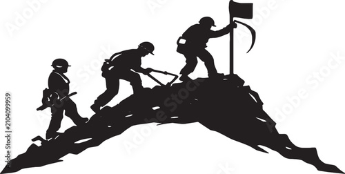 Cuadro en lienzo Silhouette of soldiers climbing a steep mountain with a flag at the peak