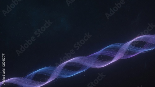 Dark tech banner large upper copy space with soft double helix ribbon along lower diagonal
