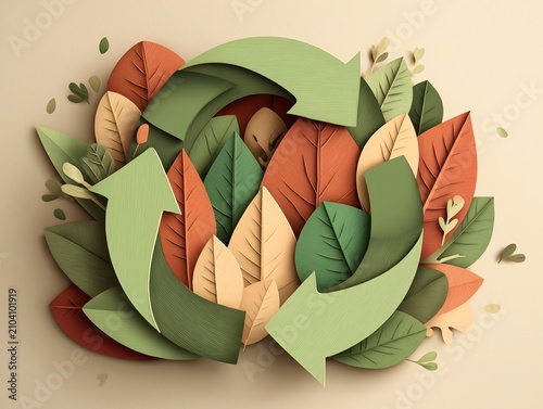 Paper cut recycling arrows symbol wrapped in layered autumn leaves on a soft cream background