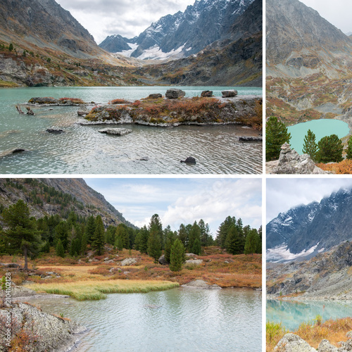 Autumn views of lake Kuiguk, glacial lake located in the Altai mountains, Russian Federation, collage