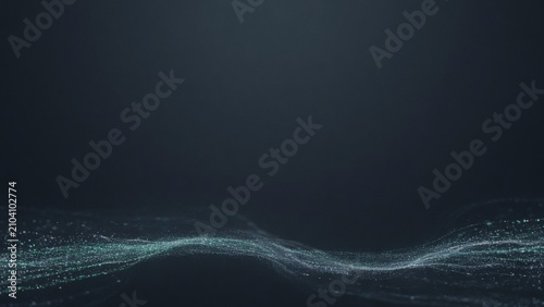 Dark tech banner large upper copy space with thin particle stream along bottom edge