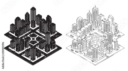 Quadro su tela silhouette witn line art vector icon city block design featuring cityscape, buil
