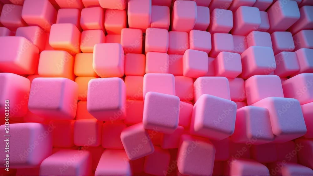 Fototapeta premium Pink cubes fill frame, gradient lighting creates depth. Minimalist design, abstract pattern, modern aesthetic. Dark background contrasts bright shapes.