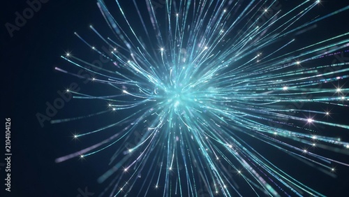 Radial burst of cyan data light streams from bright center tech abstract background