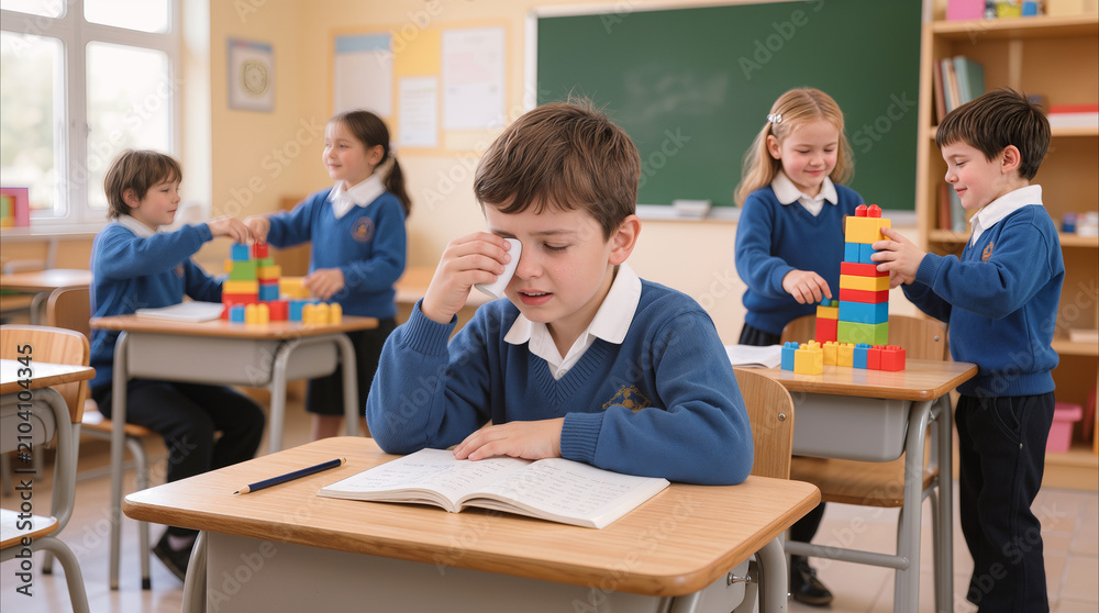 Obraz premium Primary school boy crying and wiping eyes with tissue during lesson. Sad student feeling overwhelmed or bullied in classroom while classmates play in background.