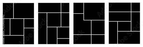 Blank photo collage template vector set. Empty geometric moodboard, comic book page layout, and portfolio grid with white borders on black background for social media presentation