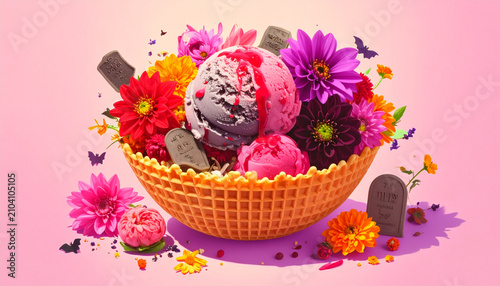 Waffle bowl ice cream flower pink background dessert colorful floral sweet scoop vibrant