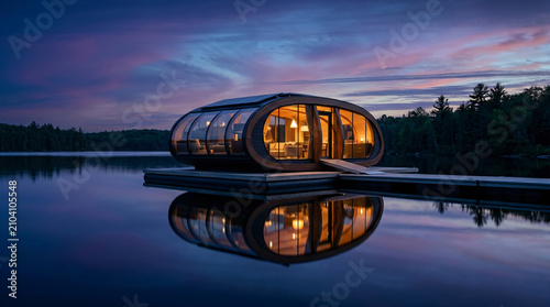Modern floating glass cabin beautifully reflected in serene lake at dusk with sunset colors