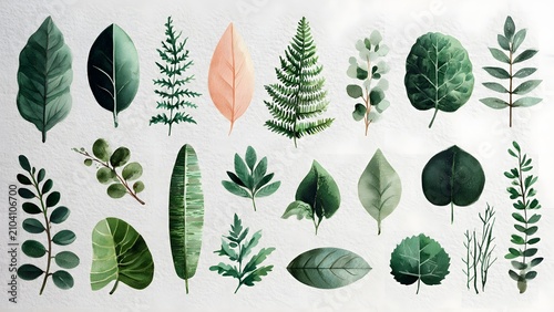 Assorted Green and Pink Leaves Watercolor Set