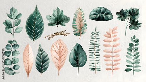 Watercolor Green and Pink Leaves Arrangement on White Background