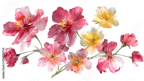 Colorful Watercolor Flowers Branching Across White Background