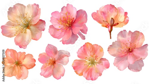 Delicate Pink Peach Blossom Flowers Array on White
