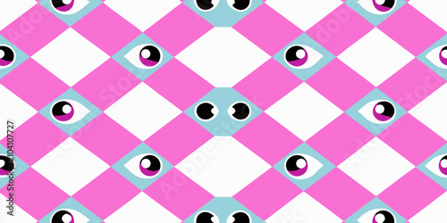 Obraz na plátne Eyes and checkered rhomboid pattern pink and white color scheme