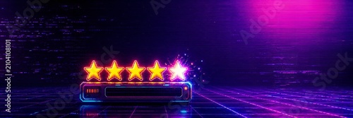 Glowing five star rating interface in a retro neon digital gaming style