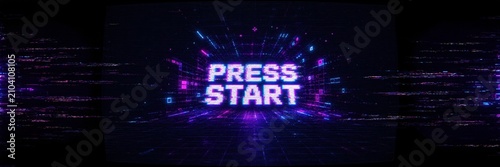 Retro neon Press Start gaming screen with glowing futuristic arcade aesthetics