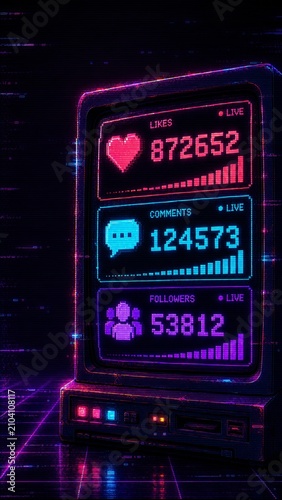 Retro digital social media analytics dashboard with glowing engagement statistics