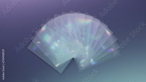 Top view fan spread translucent glass data layers cyan purple tech abstract