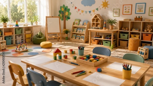 Bright modern kindergarten classroom with colorful toys learning stations and natural daylight