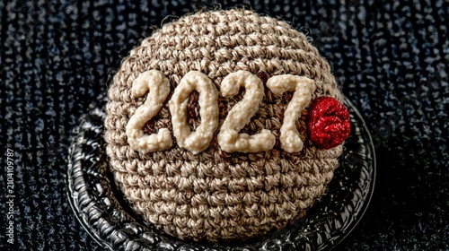 Knitted sphere displays the digits of the year twenty twenty seven.