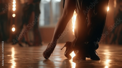 Couple gracefully dancing on a polished floor under soft lighting.