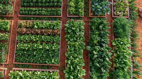 Rows of healthy leafy green vegetables grow in an organized garden.