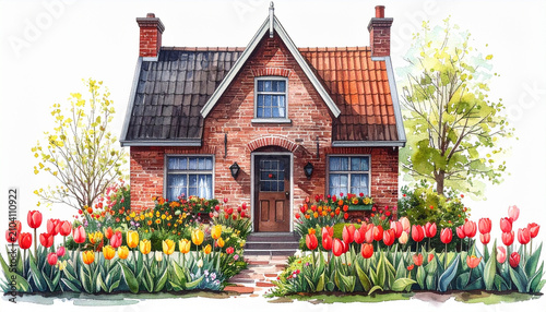 Watercolor house with garden and tulip flower front view