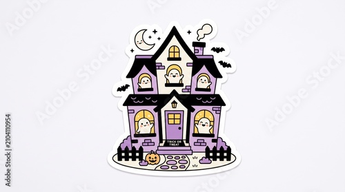 Cute Haunted House Sticker with Ghosts and Jack O Lantern