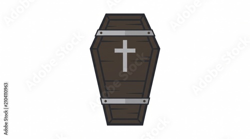 Wooden Coffin with Metal Bands and Christian Cross Symbol