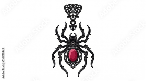 Gothic Spider Pendant With Red Gemstone And Filigree Metalwork