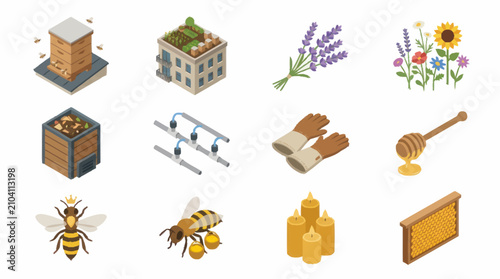 Принти на полотні Colorful flat lay illustration of beekeeping and honey production