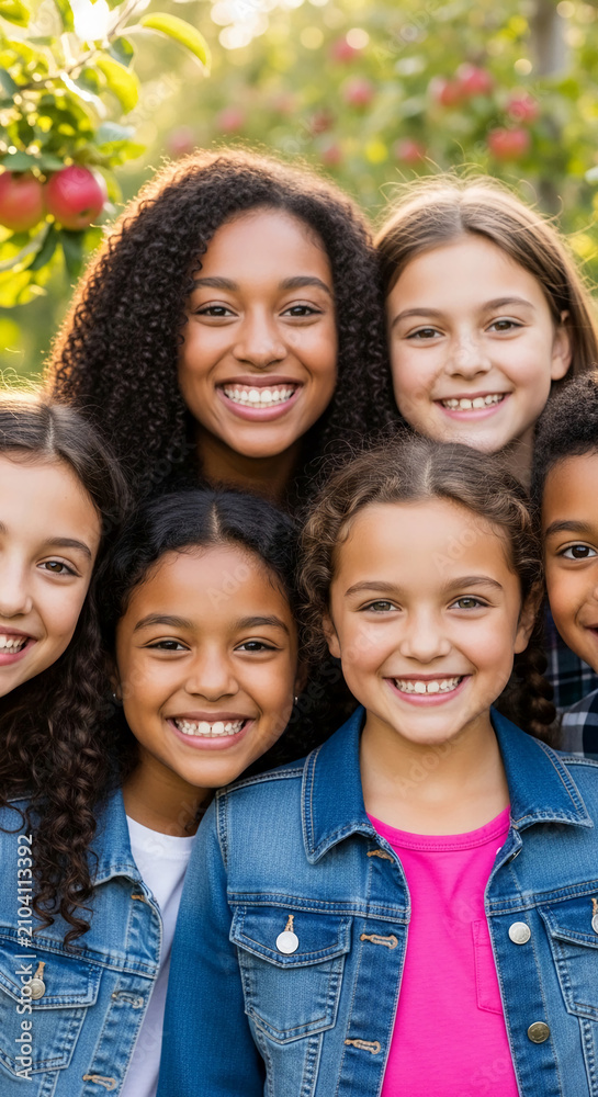 Fototapeta premium Diverse group of smiling children in an orchard setting, symbolizing happiness, youth, and nature's bounty.