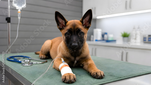 Belgian Malinois puppy receiving intravenous treatment at veterinary clinic