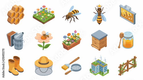 Foto Colorful flat design beekeeping and gardening icons set.