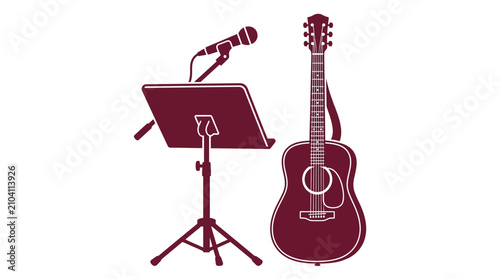 Tableau sur toile Acoustic Guitar with Microphone and Music Stand Vector