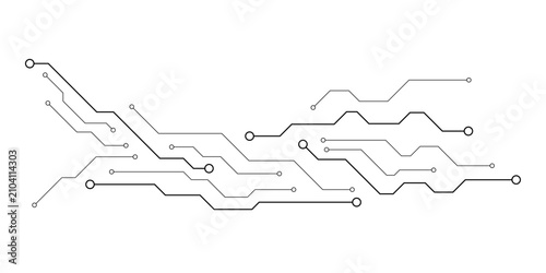 Принти на полотні Detailed black circuit board schematic with interconnected lines and circular no