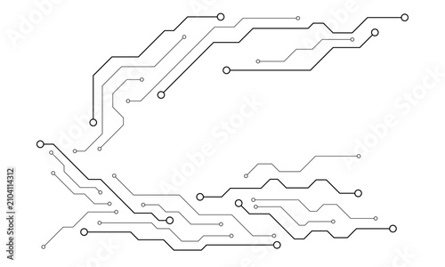 Foto Detailed black circuit board schematic with interconnected lines and circular no