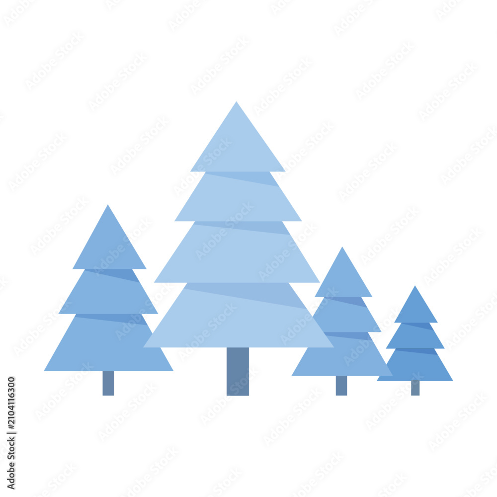 Fototapeta premium Blue pine tree forest vector set. Features a clean geometric design with tiered branches and grey trunks.
