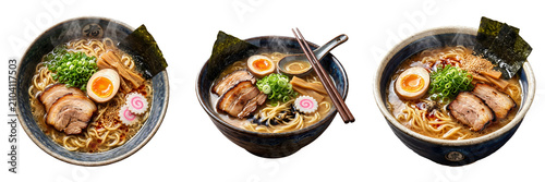 Delicious Japanese ramen noodle soup bowls with chashu pork, soft-boiled eggs, and green onions isolated on a white background for food and dining concepts