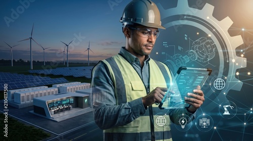 Engineer using tablet at renewable energy power plant with wind turbines and solar panels, green technology industry, sustainable electricity generation, smart grid management s...