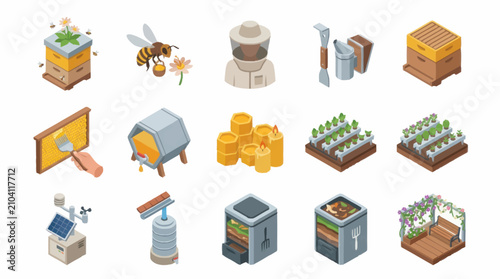 Bilde på lerret Colorful Isometric Beekeeping and Honey Production Icons Set.