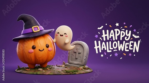 Cute pumpkin and ghost celebrating happy halloween